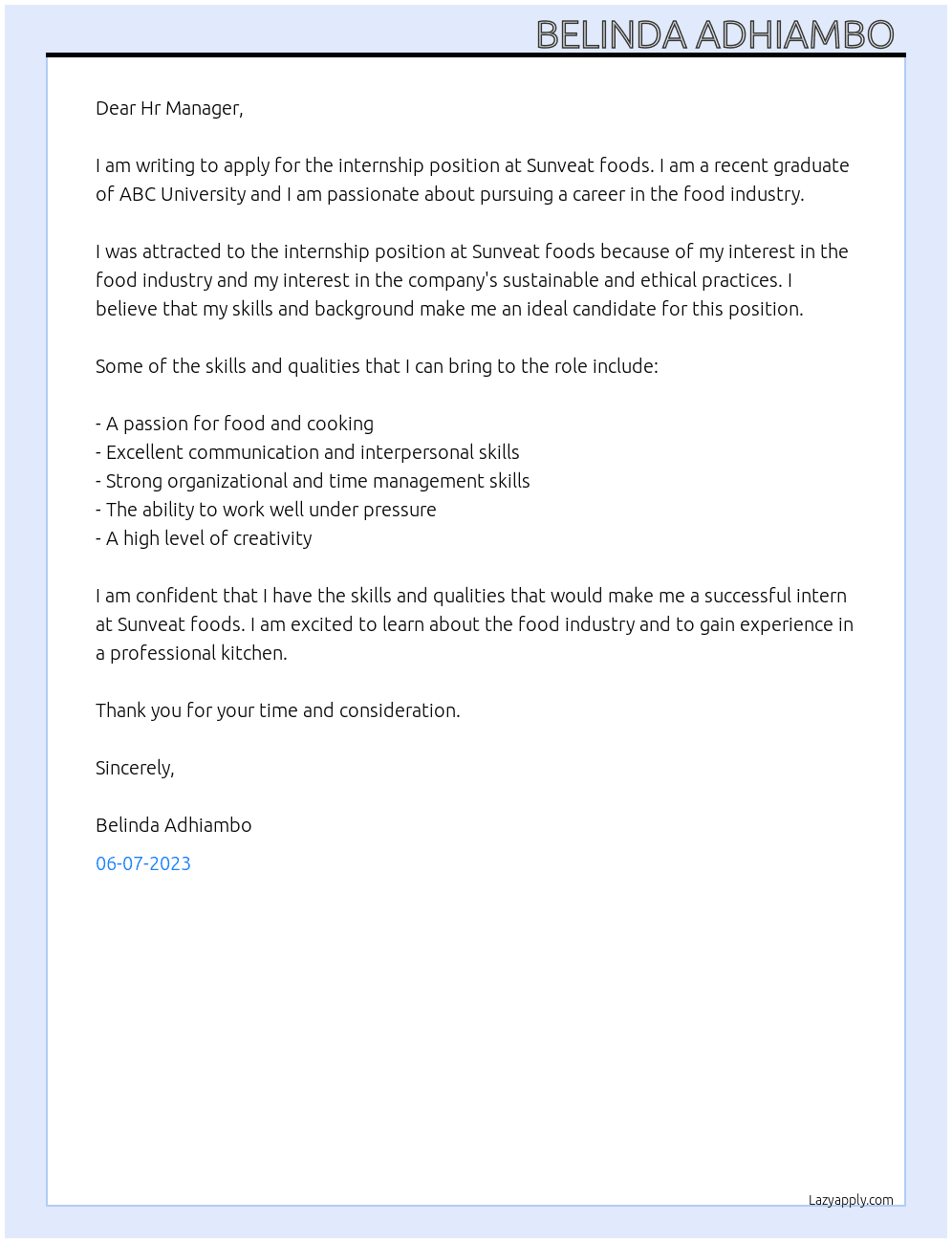 Internship  At Sunveat foods Cover Letter