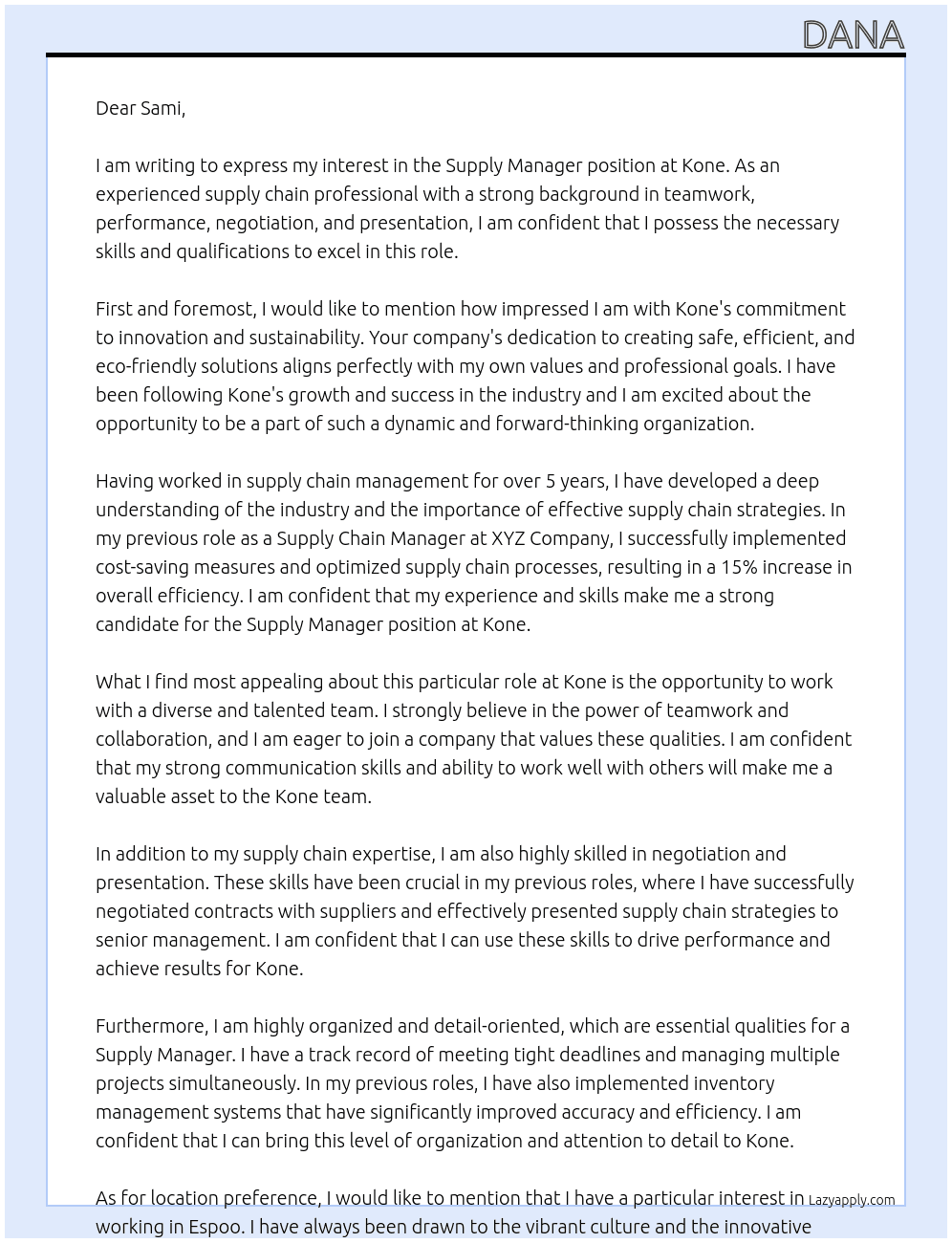 Supply Manager At Kone Cover Letter
