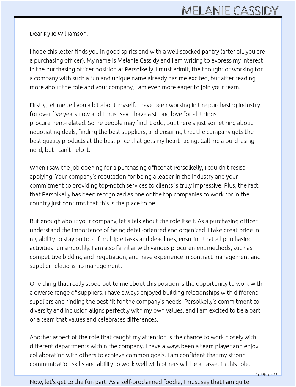 Purchasing Officer At Persolkelly Cover Letter