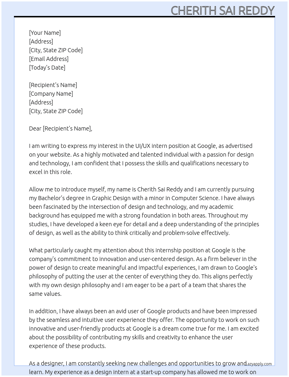 uiux intern At google Cover Letter