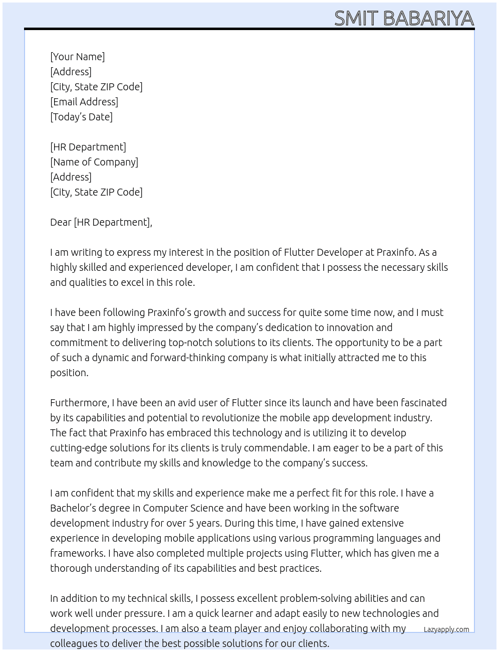 Flutter Developer At Praxinfo Cover Letter