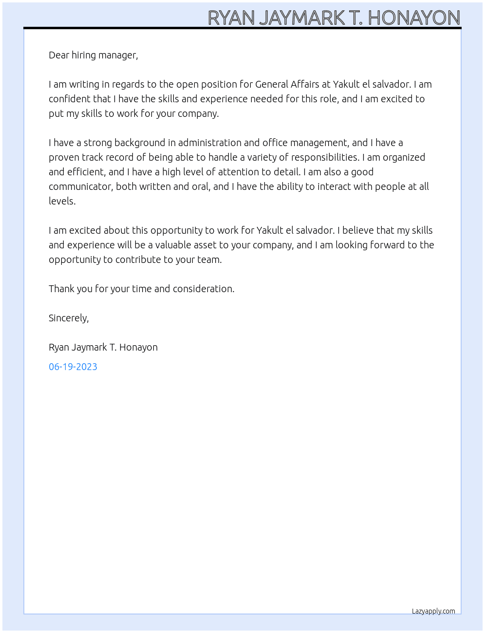General affairs At Yakult el salvador Cover Letter