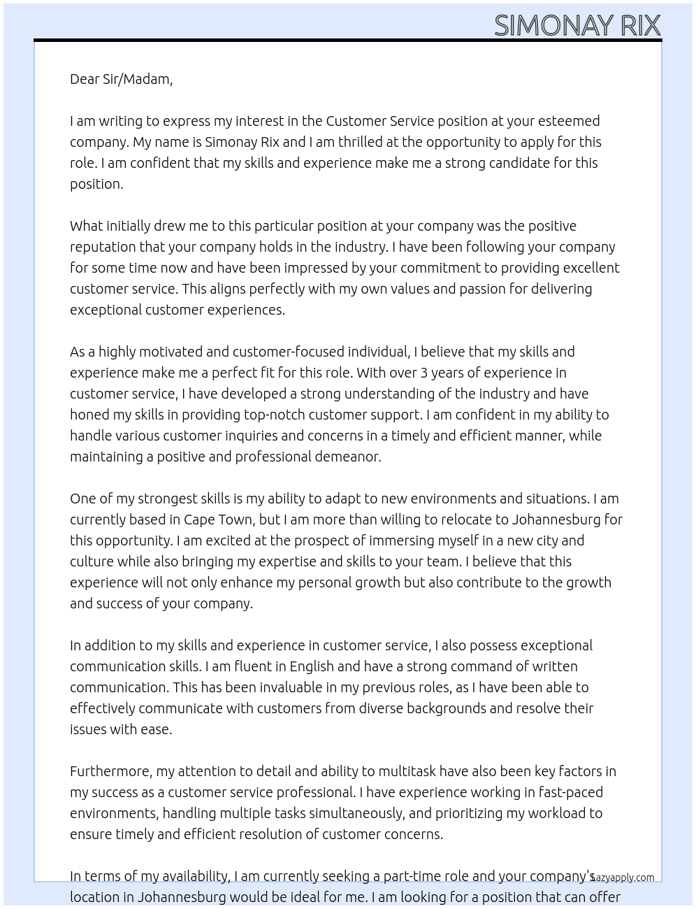 Customer service At at your company Cover Letter