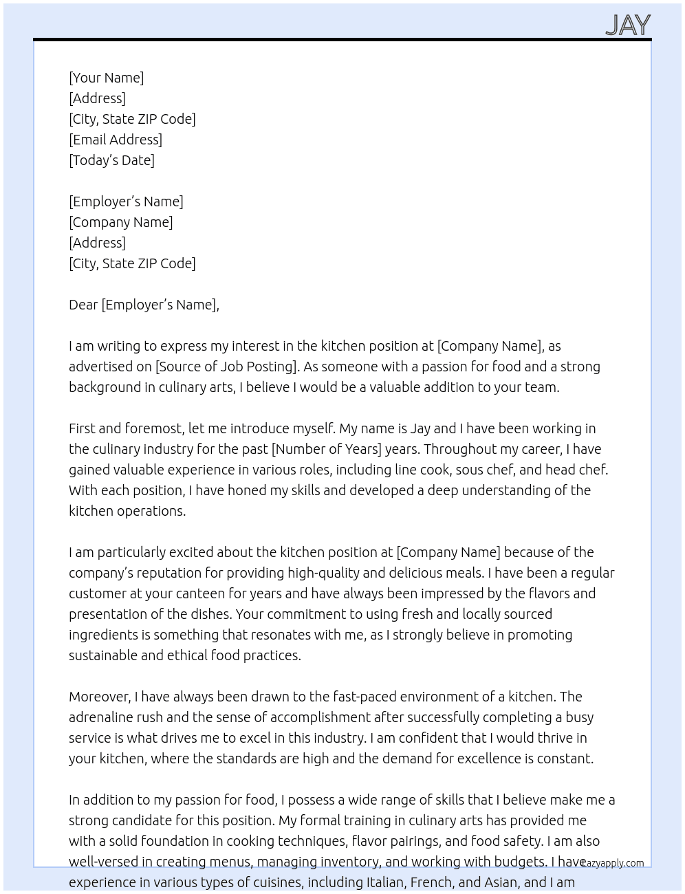 kitchen At canteen Cover Letter