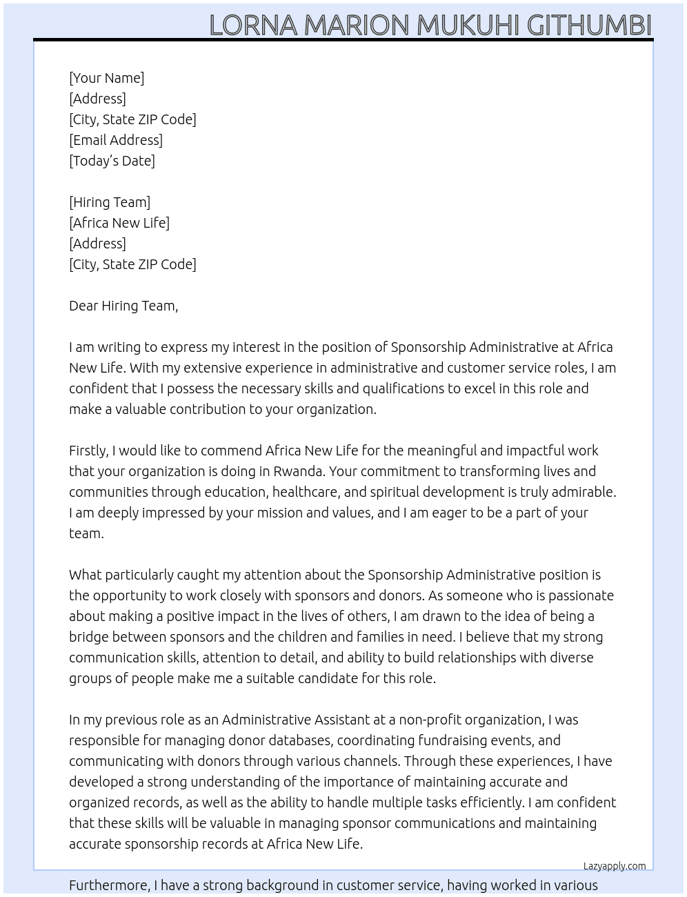 sponsorship administrative At AFRICA NEW LIFE Cover Letter