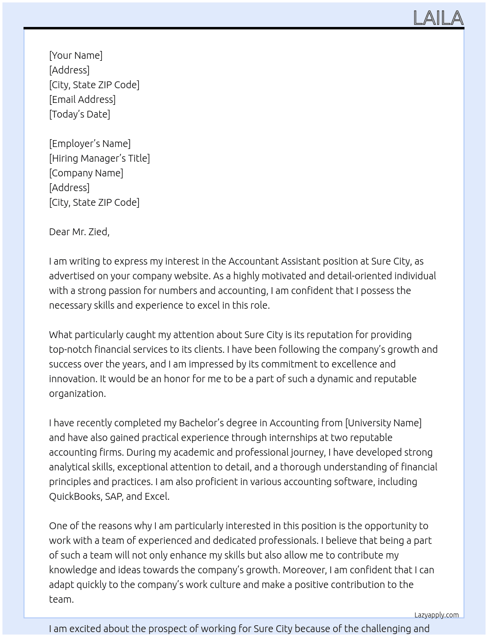 accountant assistant At sure city Cover Letter