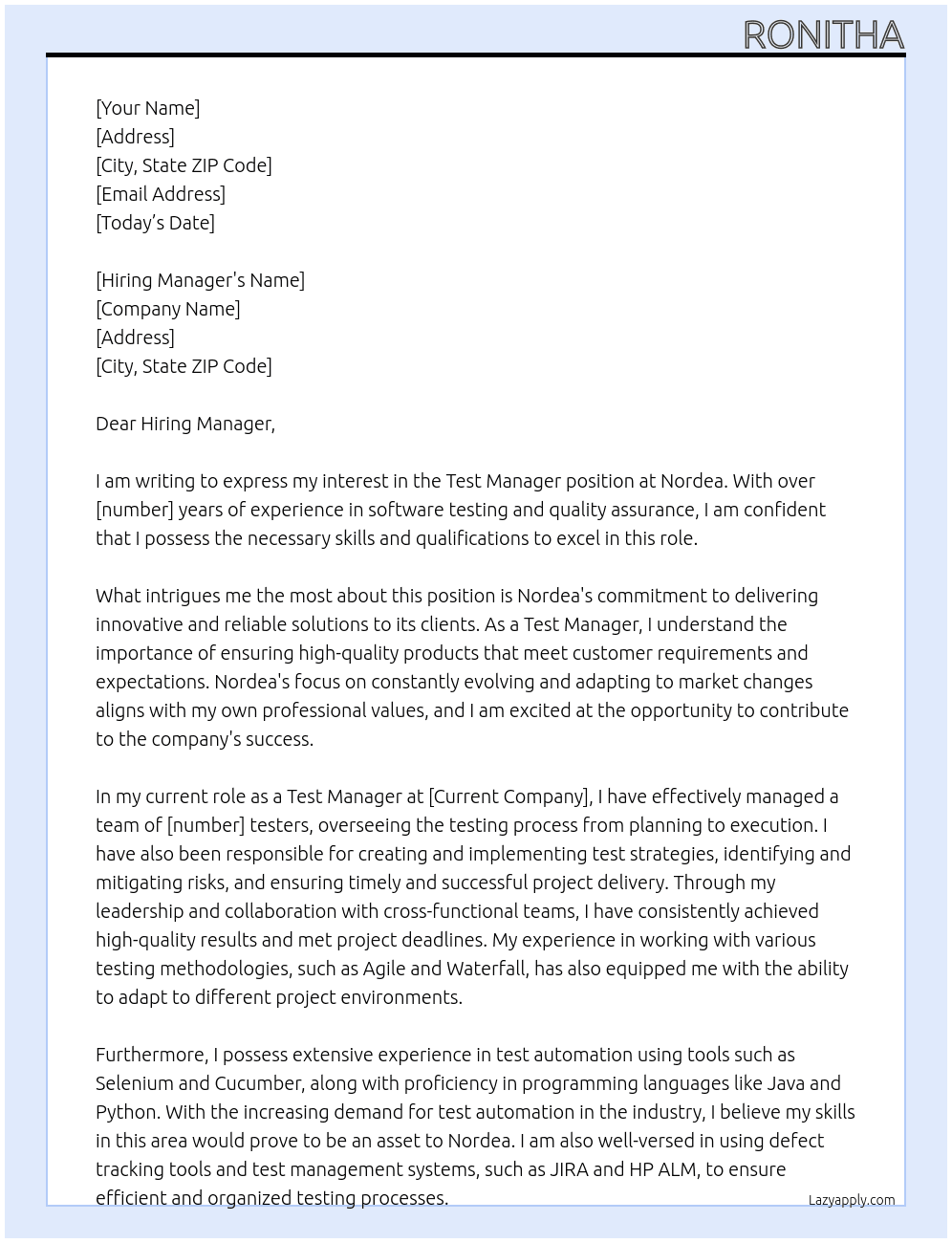 Test Manager At Nordea Cover Letter