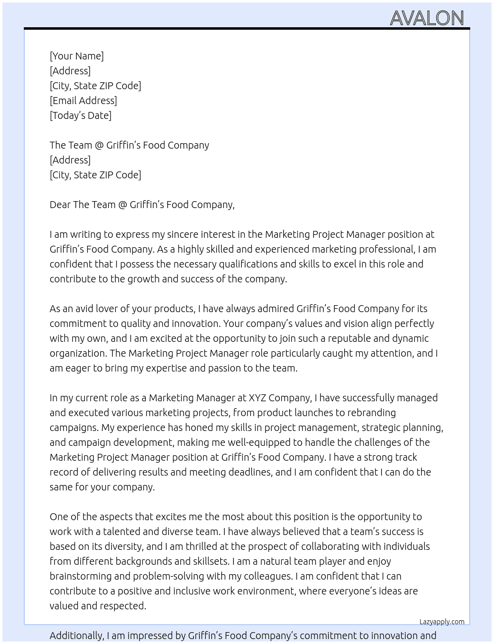 Marketing Project Manager At Griffin's Cover Letter
