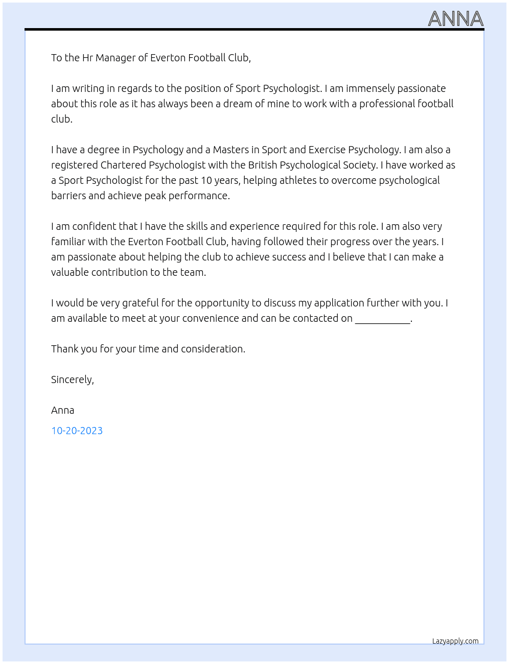Sport Psychologist At Everton Football Club Cover Letter