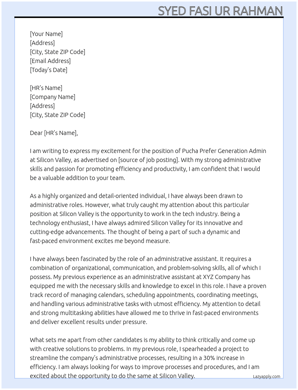 Pucha prefer generation admin  At Silicon Valley Cover Letter