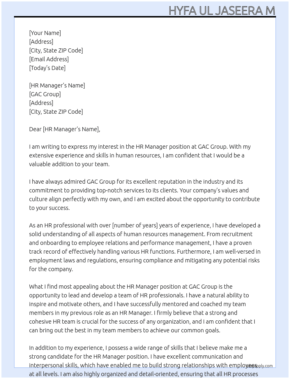 HR Manager At GAC Group Cover Letter