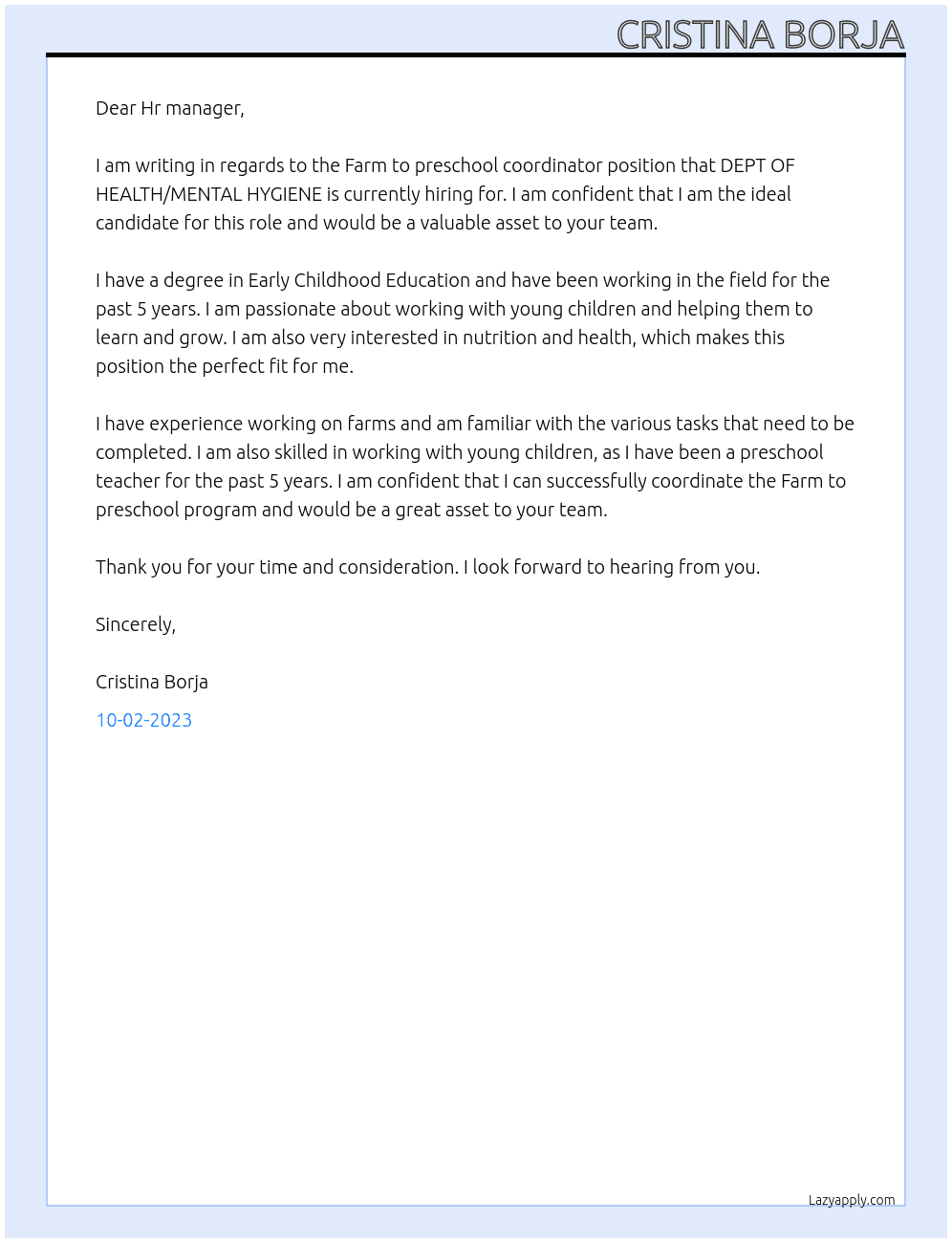 Farm to preschool coordinator At DEPT OF HEALTH/MENTAL HYGIENE Cover Letter