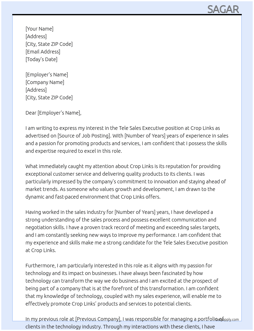 Tele sales executive  At Crop links  Cover Letter