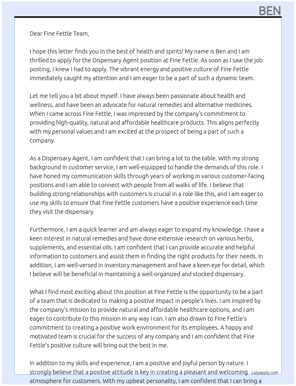 Dispensary Agent At Fine Fettle Cover Letter