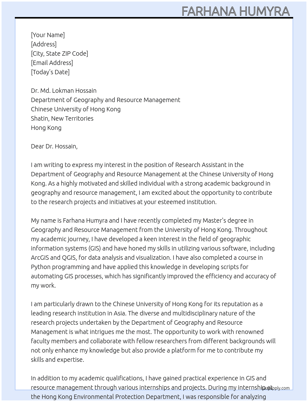 Research assistant  At Chinese university of Hong Kong  Cover Letter