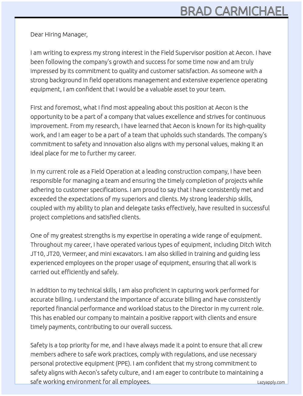 Field supervisor At Aecon Cover Letter