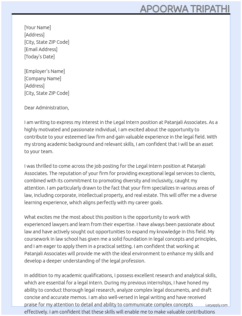 Legal intern  At Patanjali associates  Cover Letter