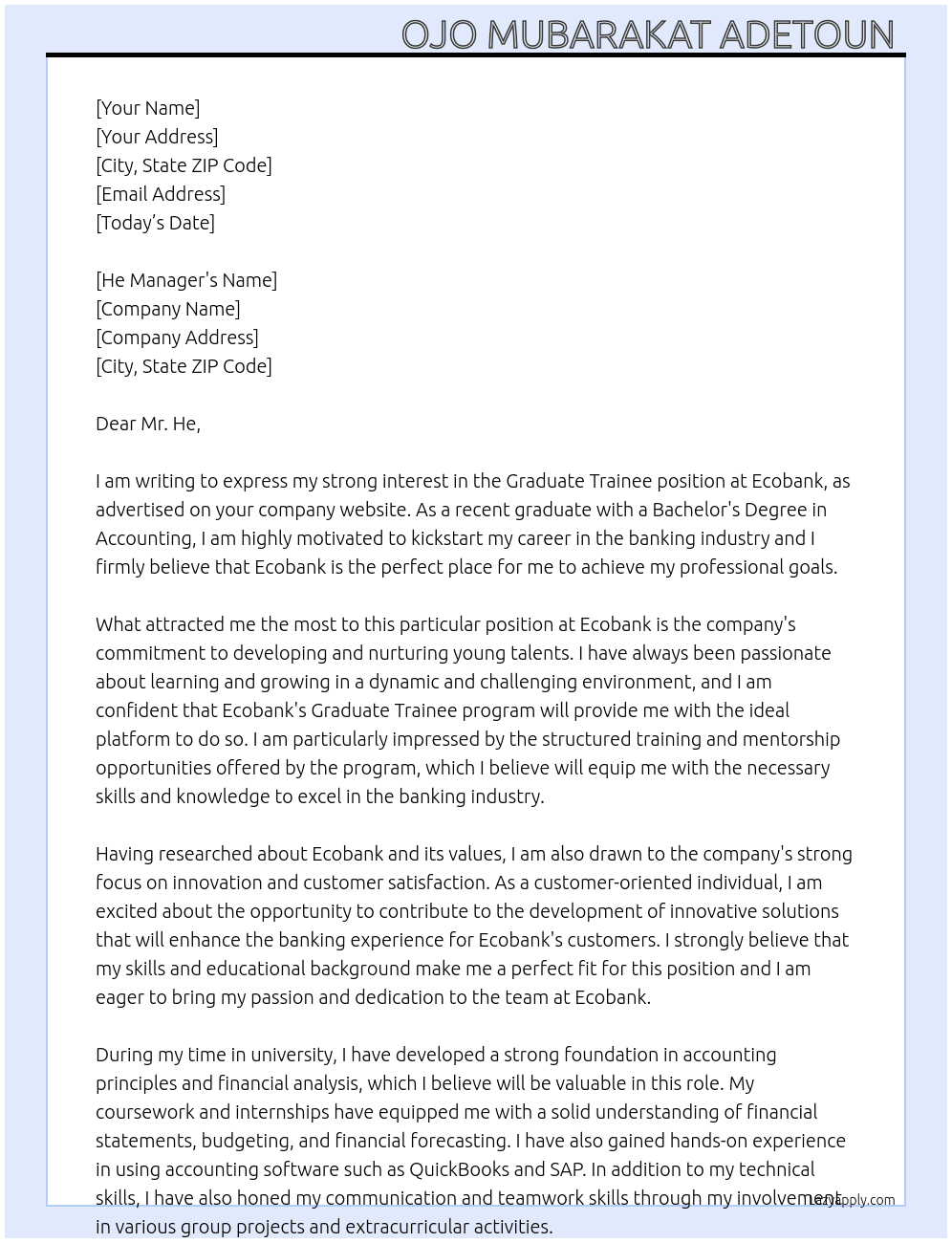 Graduate trainee  At Ecobank  Cover Letter