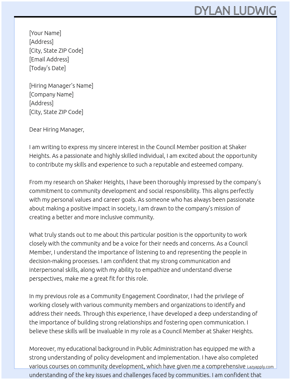 Council Member At Shaker Heights Cover Letter
