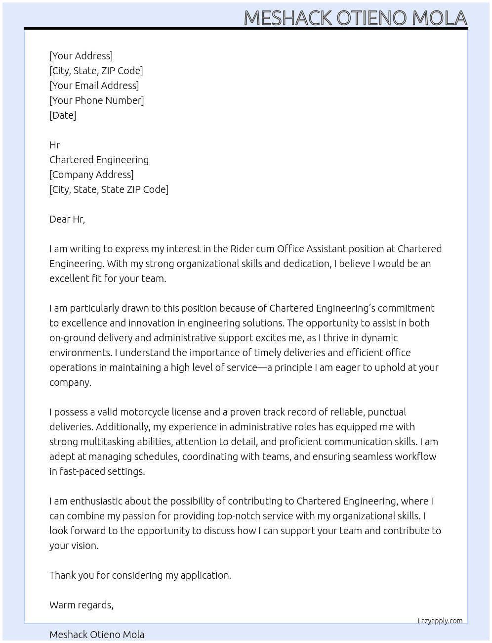 Cover letter for rider cum office assistant - LazyApply