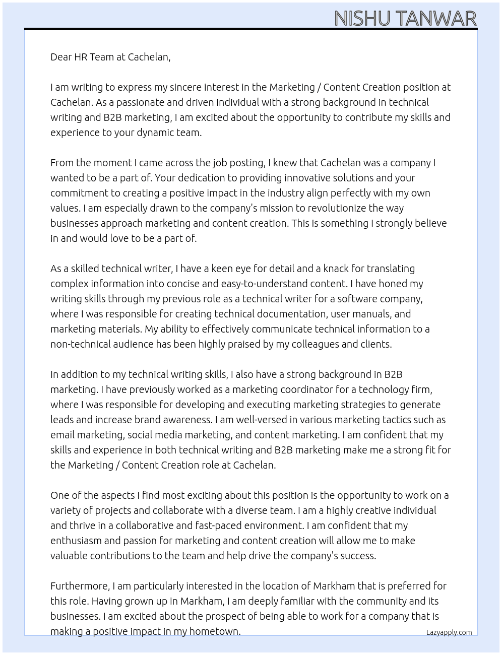 Marketing / Content Creation At  Cachelan Cover Letter