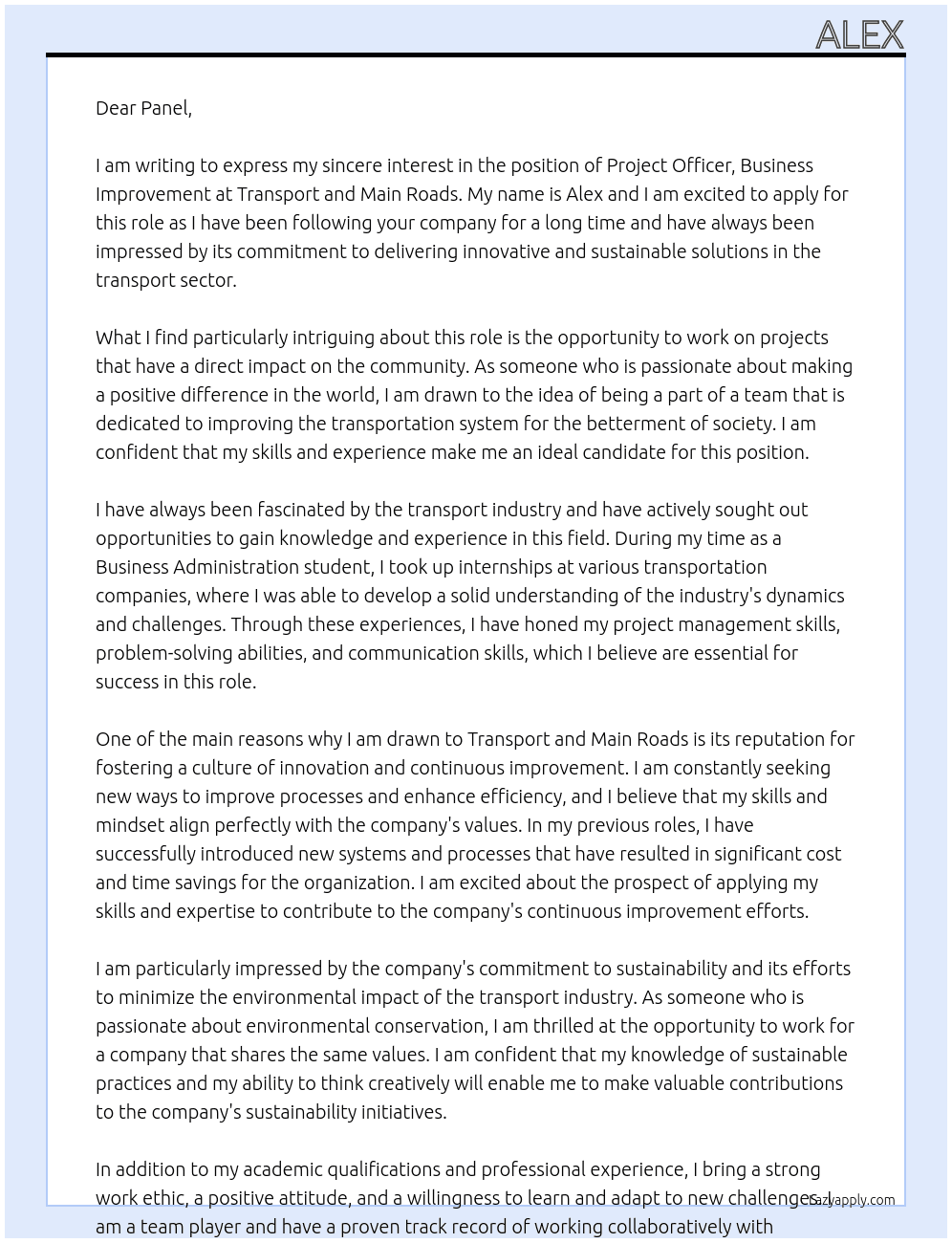  Project Officer, Business Improvement At Transport and Main Roads Cover Letter