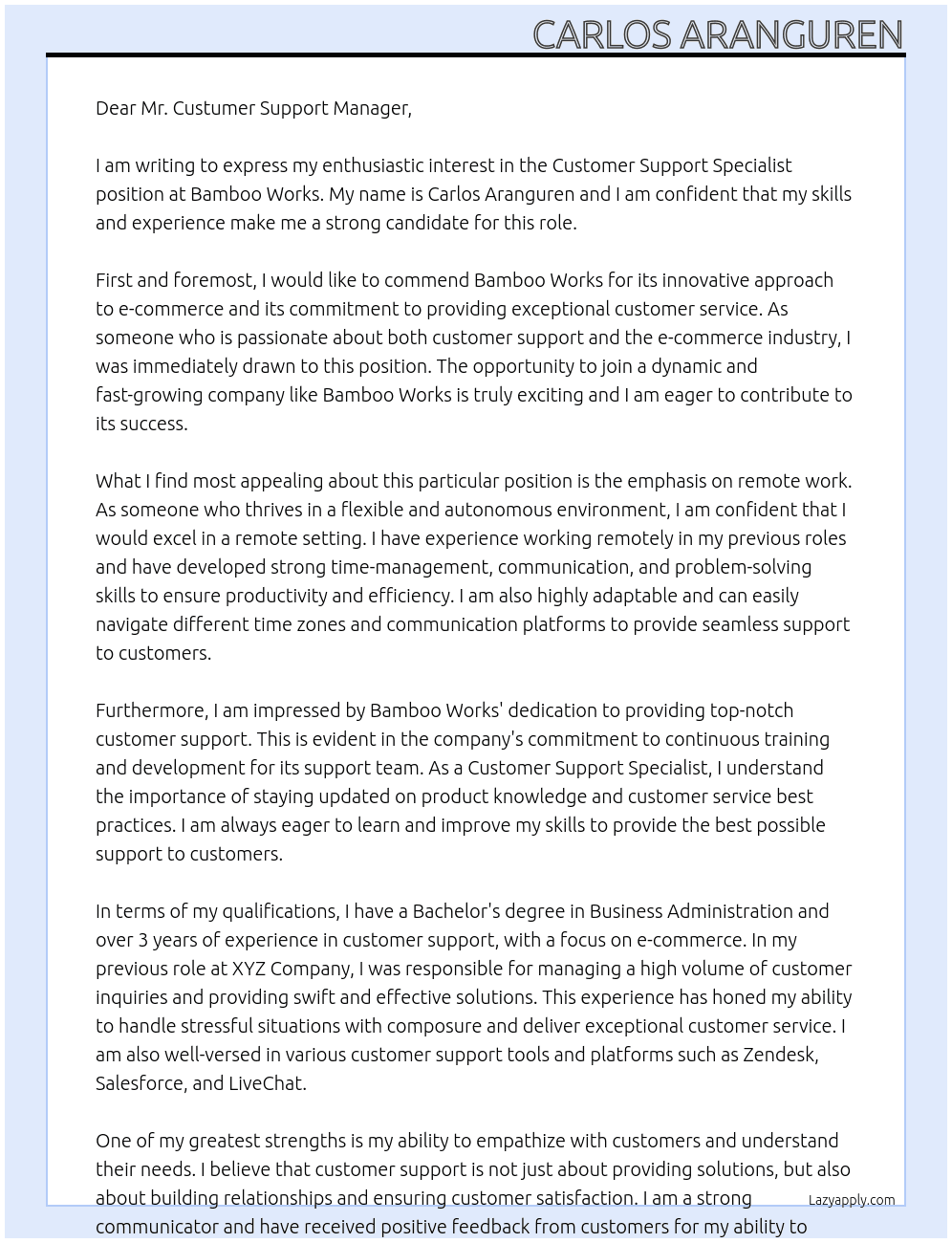 Customer Support Specialist - E-commerce (remote) At Bamboo Works Cover Letter