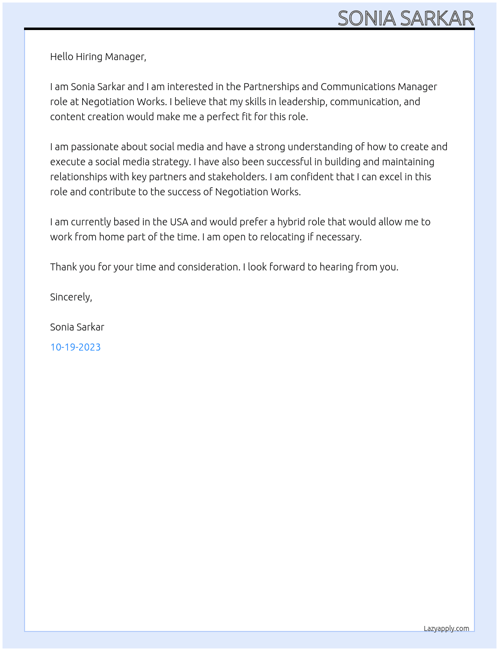 Partnerships and Communications Manager At Negotiation Works Cover Letter
