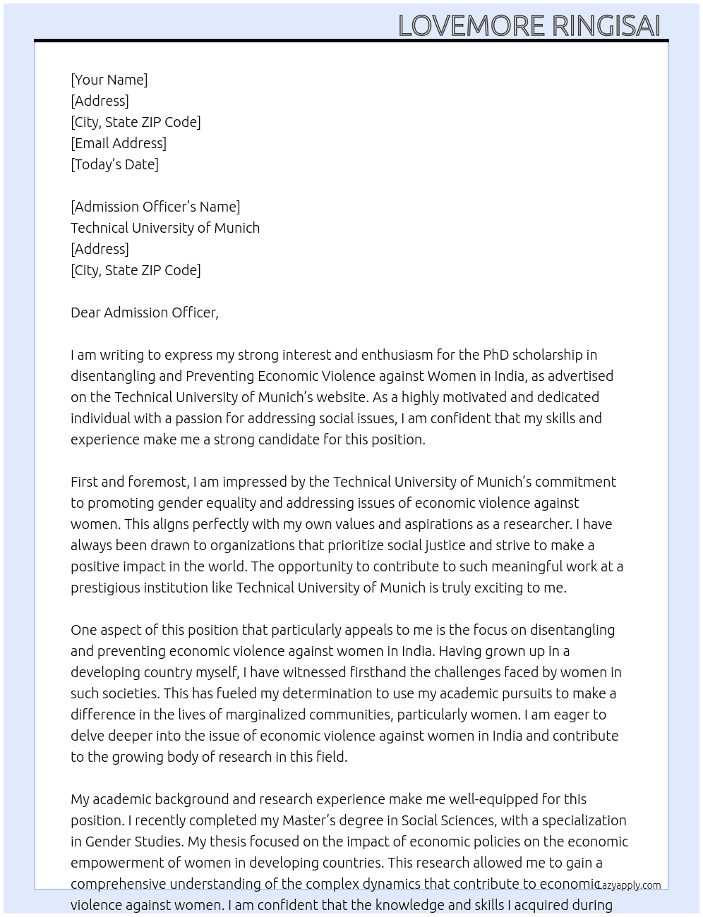 PhD scholarship in disentangling and Preventing Economic Violence against Women in India At Technical University of Munich Cover Letter