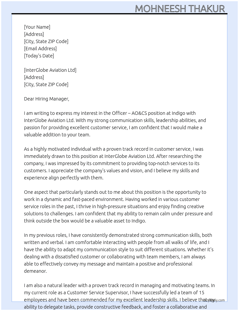 Officer – AO&CS in the role of Customer Service At Indigo Cover Letter