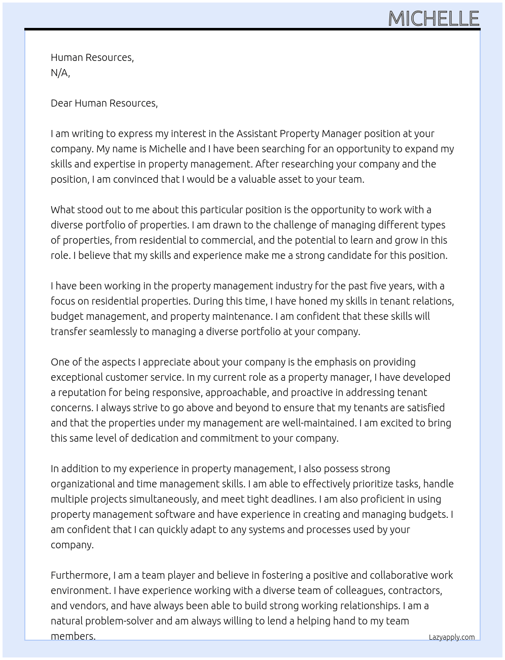 Assistant Property Manager At n/a Cover Letter