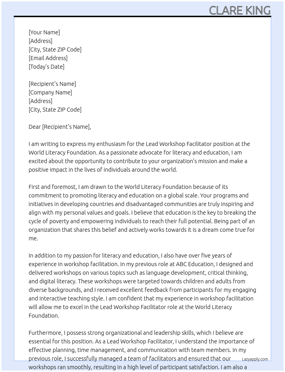 lead workshop facilitator At World Literacy Foundation Cover Letter