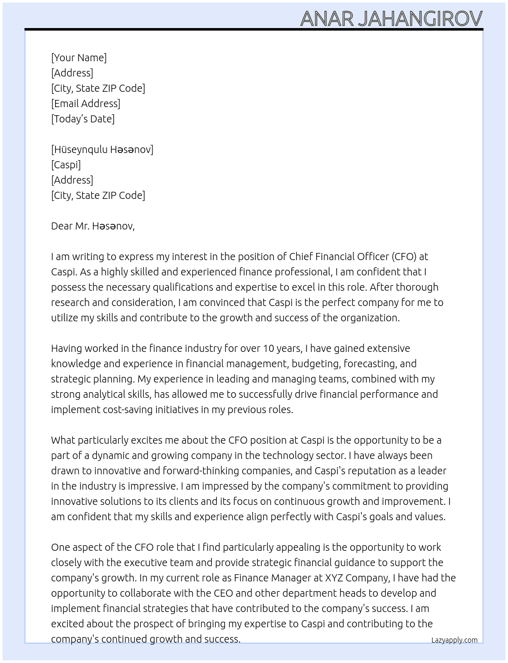 CFO At Caspi Cover Letter