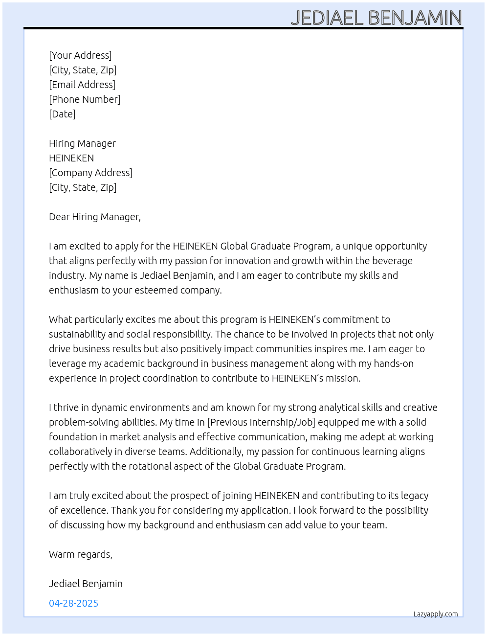 Cover letter for heineken global graduate program - LazyApply