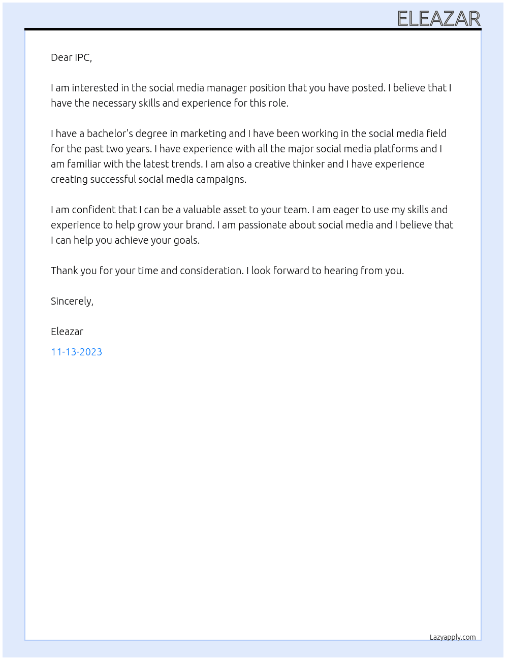 Social media manager  At IPC Cover Letter