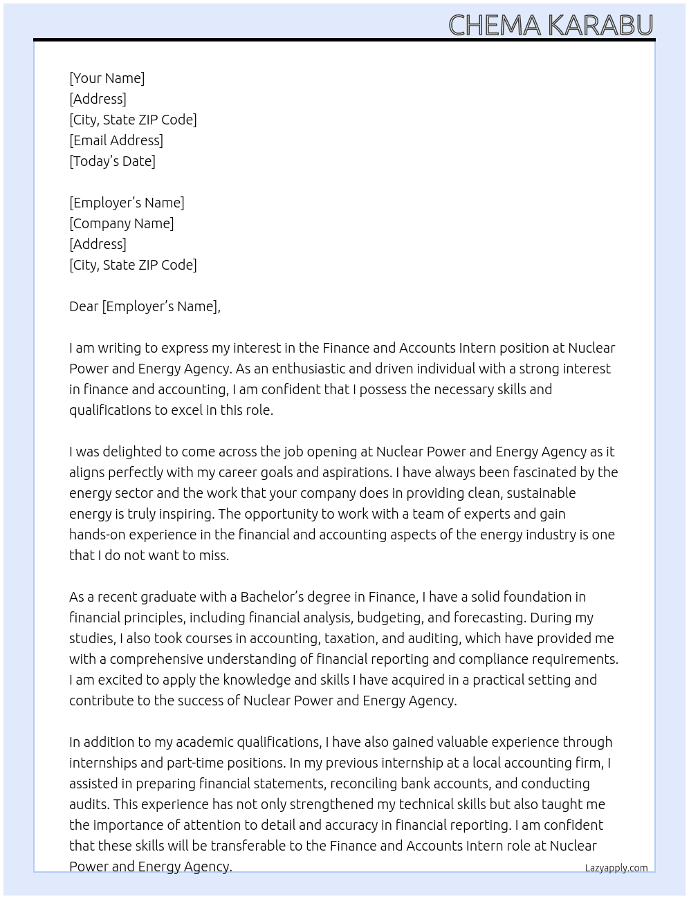 Finance and Accounts Intern At Nuclear power and energy agency Cover Letter