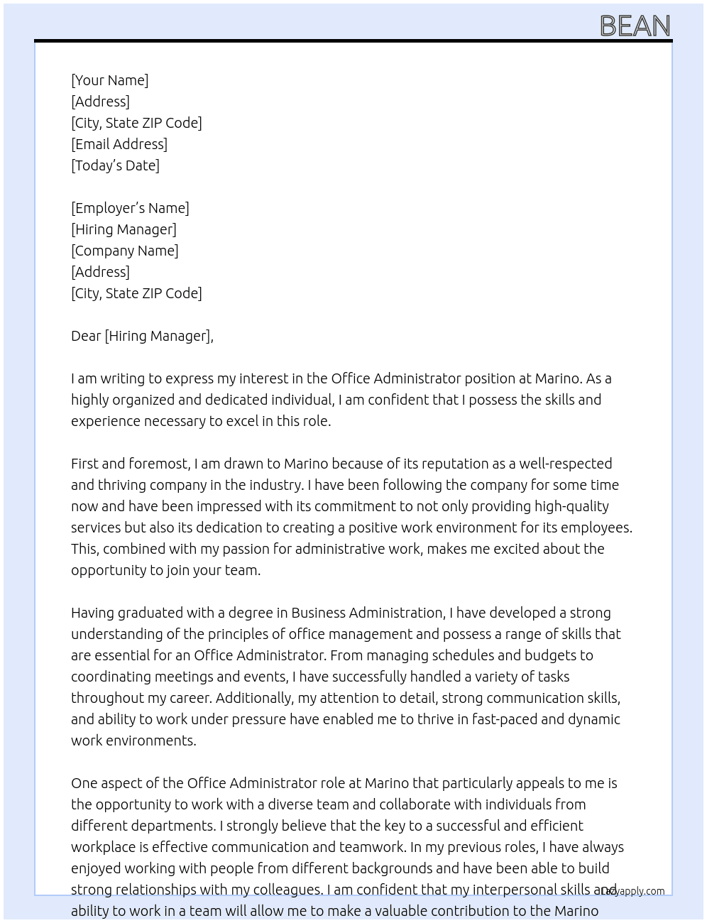 office administrator At marino Cover Letter