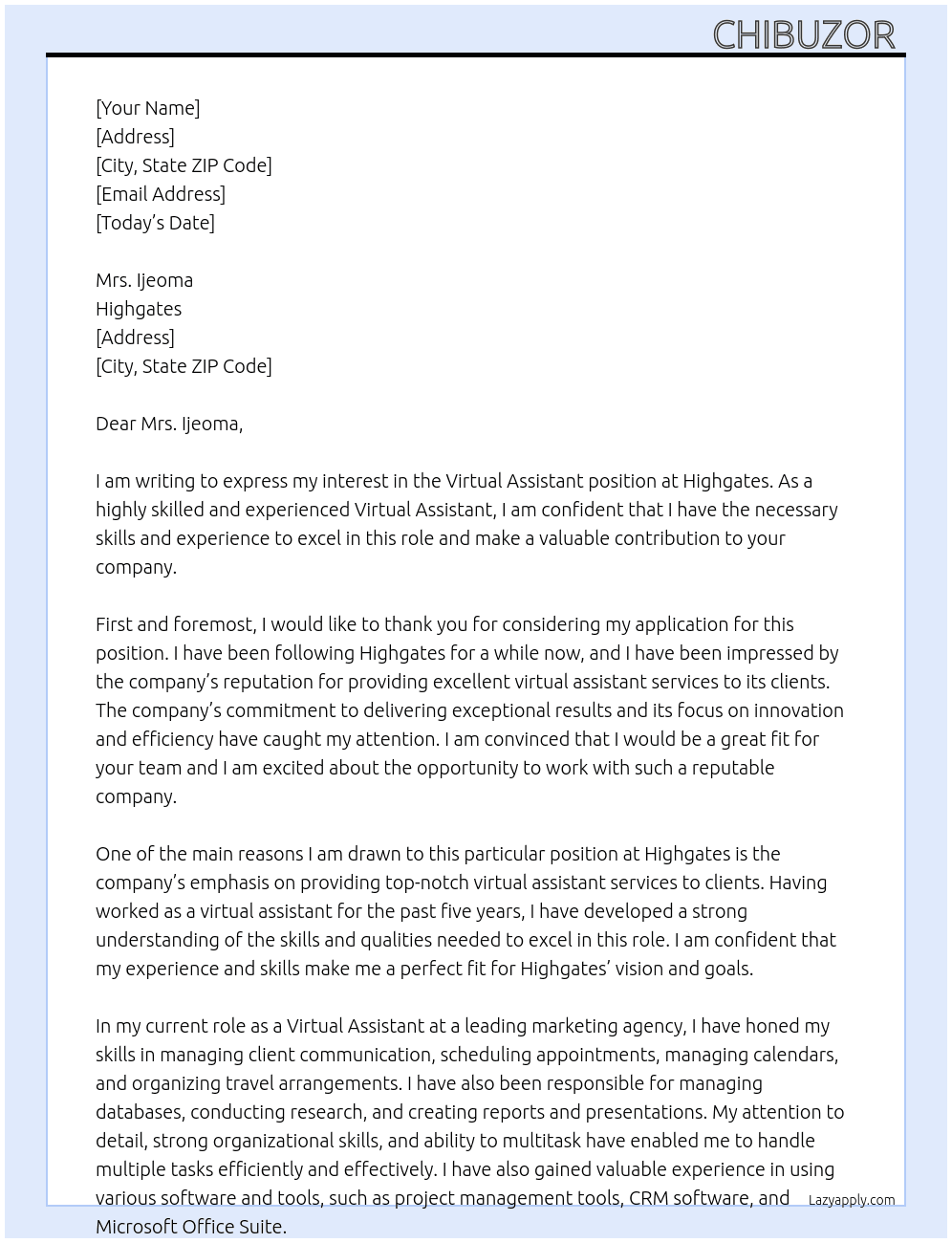 Virtual assistant  At Highgates  Cover Letter