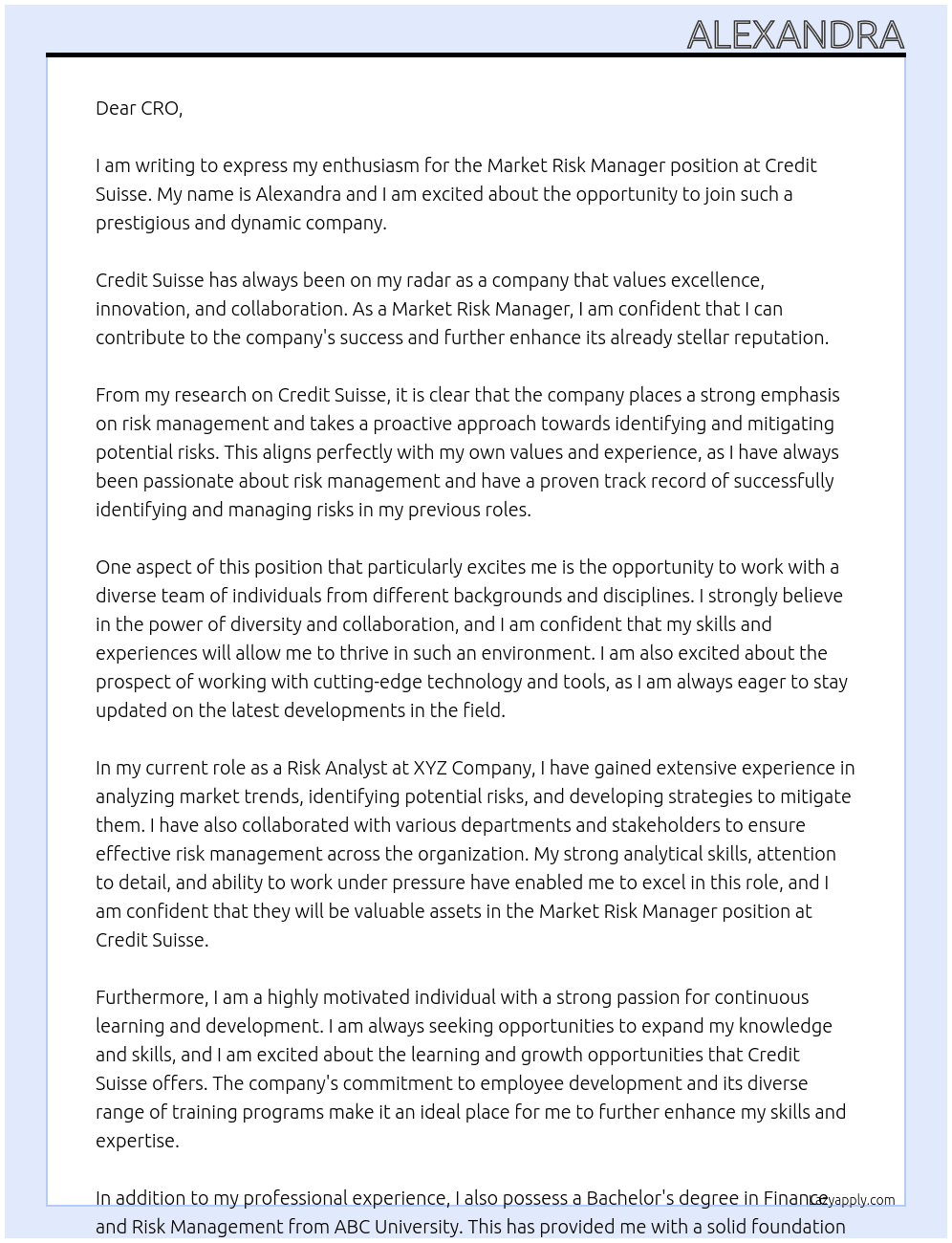 Market Risk Manager At Credit Suisse Cover Letter