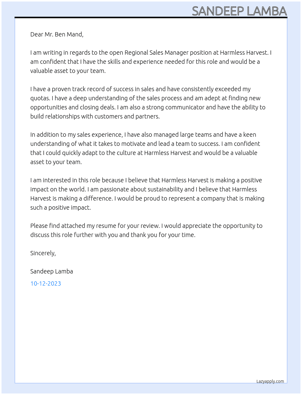 Regional Sales Manager  At Harmless Harvest Cover Letter