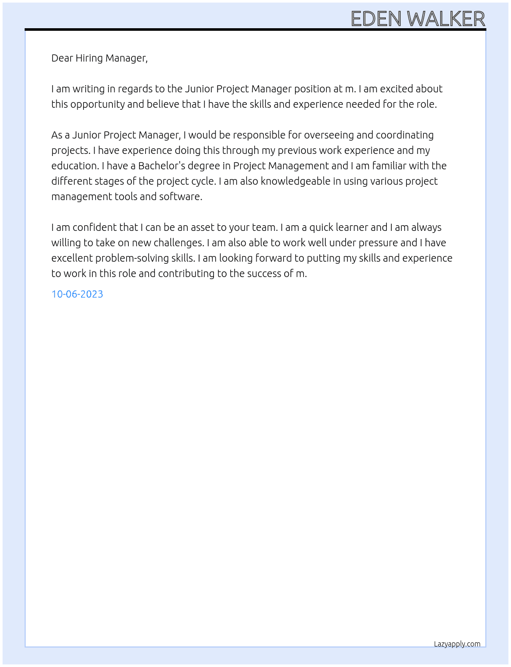 Junior Project Manager At m Cover Letter