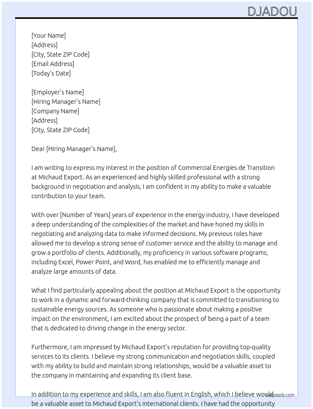COMMERCIAL ENERGIES DE TRANSITION At MICHAUD EXPORT Cover Letter