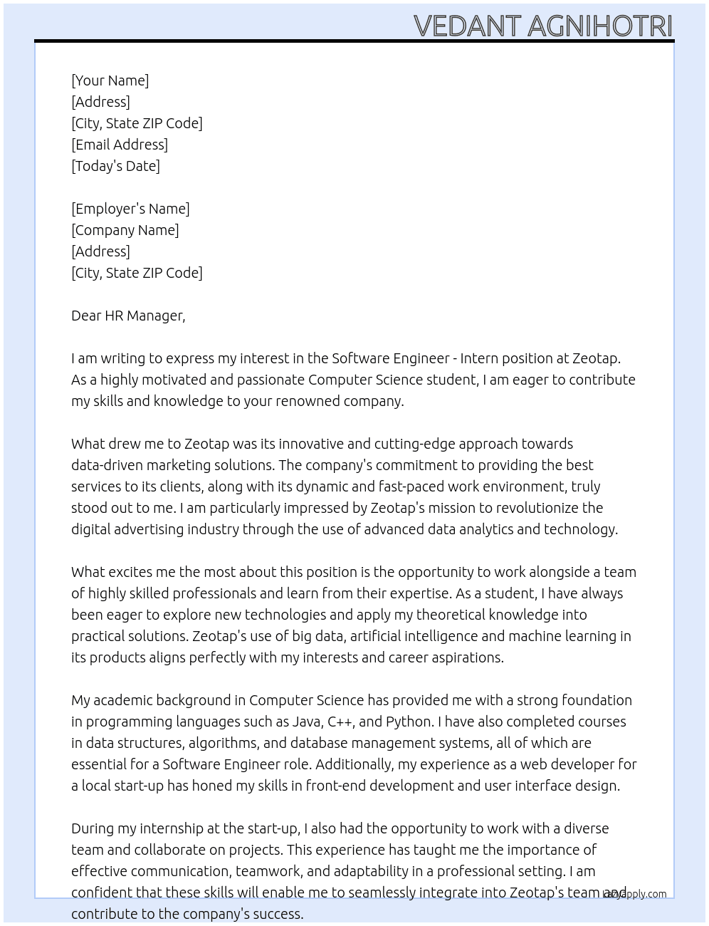 Software Engineer - Intern At Zeotap Cover Letter