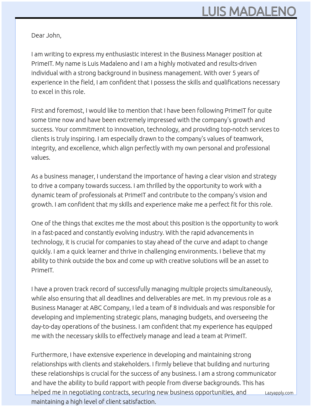 Business Manager At PrimeIT Cover Letter