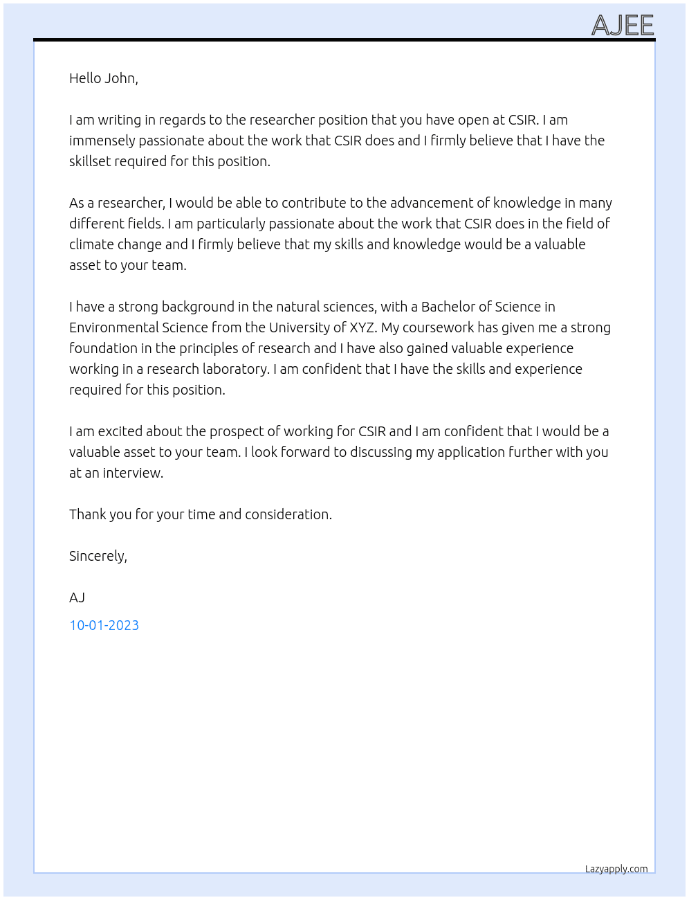 researcher At CSIR Cover Letter