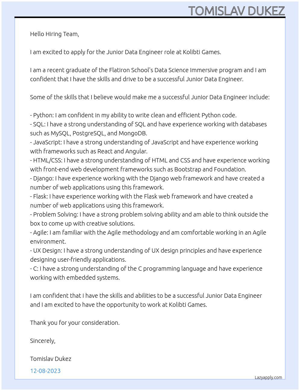 Junior Data Engineer At Kolibti Games, Berlin Cover Letter