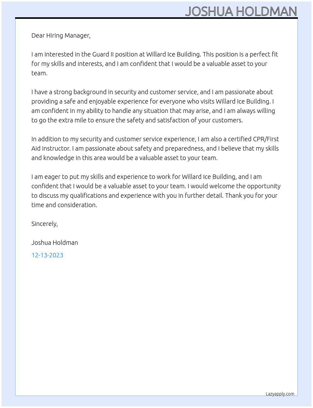 Guard II At Willard Ice Building Cover Letter
