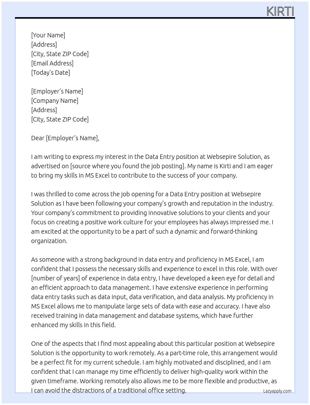 Data entry At Websepire solution  Cover Letter