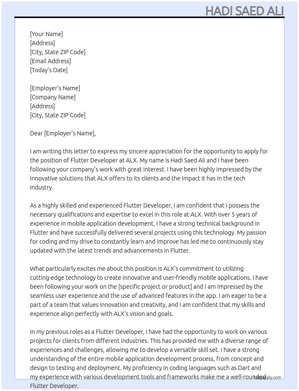 flutter developer At alx Cover Letter