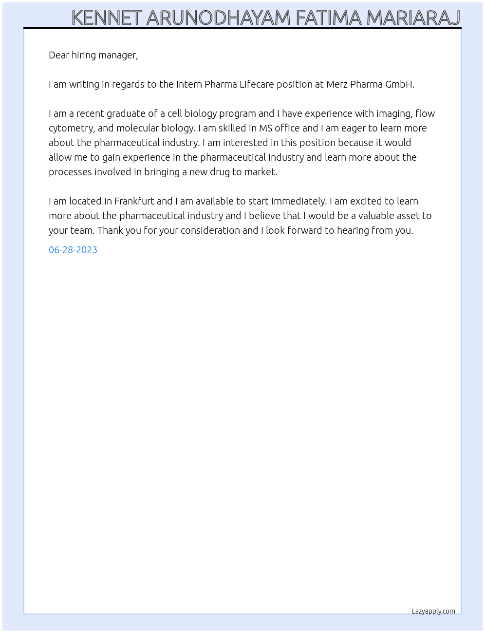Intern pharma lifecare At Merz pharma GmbH Cover Letter